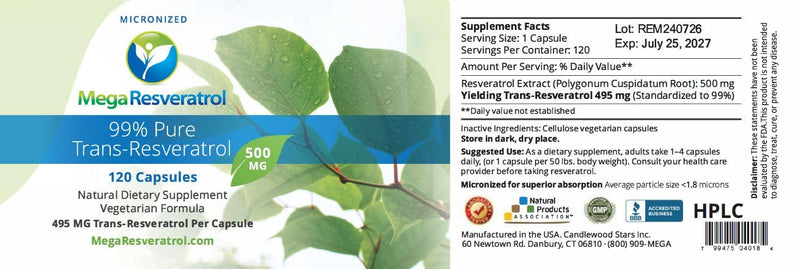 Mega Resveratrol – Pharmaceutical Grade 99% Pure, Micronized Trans-Resveratrol, 500mg Capsule, 120 Veggie Caps