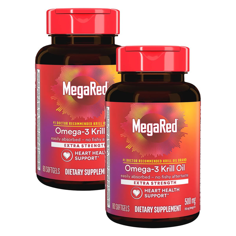 MegaRed Extra Strength Krill Oil 500mg - EPA/DHA, No Fishy Aftertaste | Heart Health, 80 Softgels (2 Pack)
