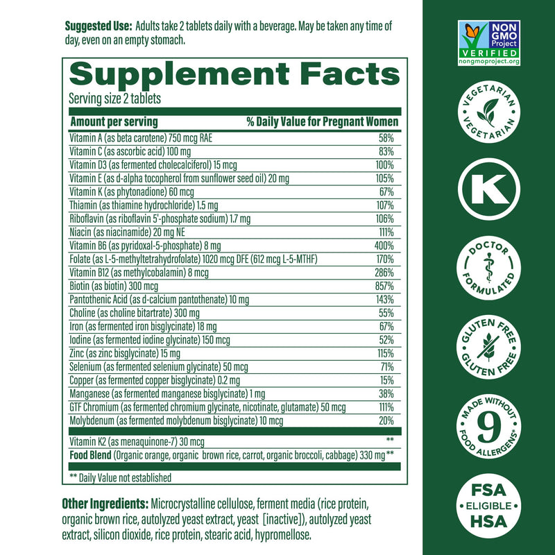 MegaFood Baby & Me 2 Prenatal Vitamin & Minerals – Folate, 2.5x Choline, Iron, Iodine, Vitamin C & D – 60 Tabs (30 Servings)