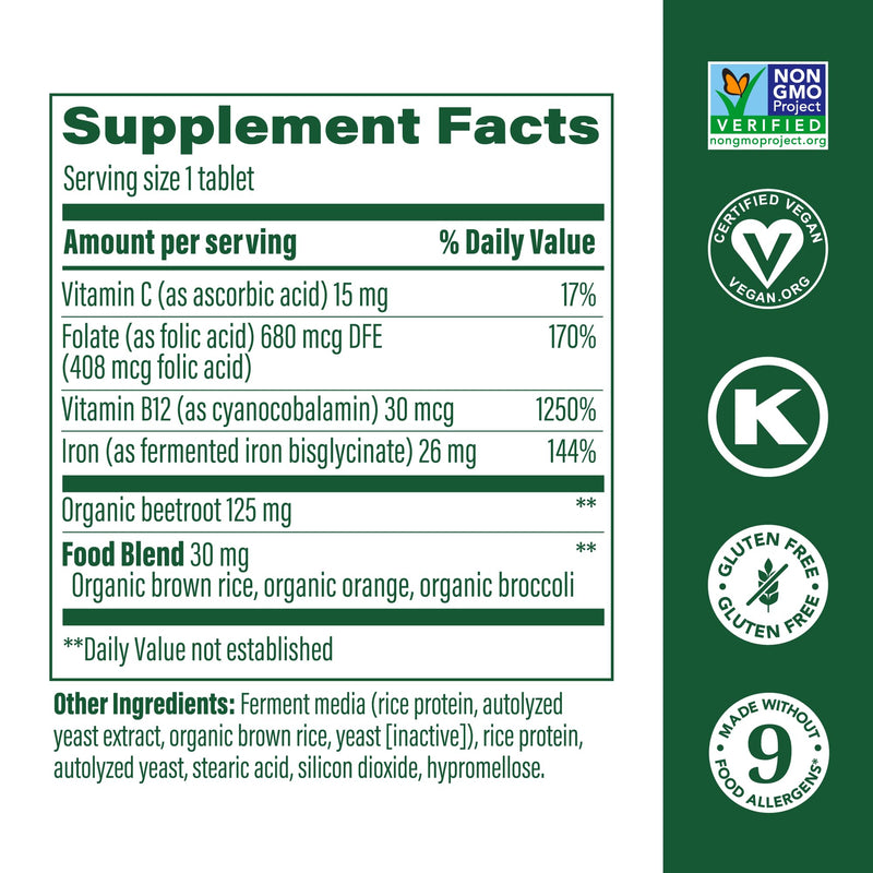 MegaFood Blood Builder Iron Supplement for Women & Men - 180 Tablets - Vegan