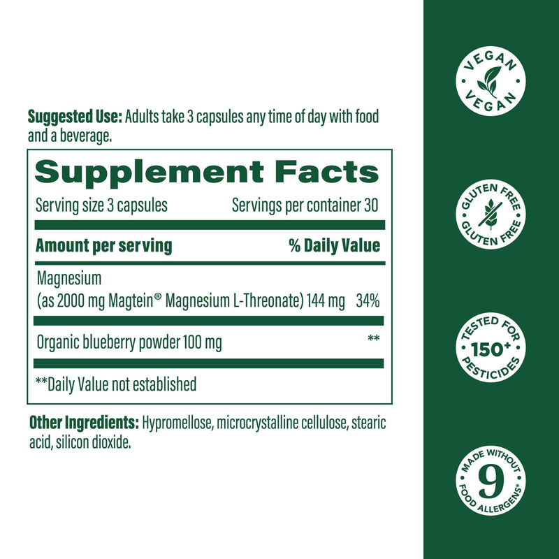 MegaFood Magtein Magnesium Threonate – 2000 mg per Serving | Supports Memory, Focus, Alertness & Sleep – Vegan & Gluten Free | 90 Capsules / 30 Servings