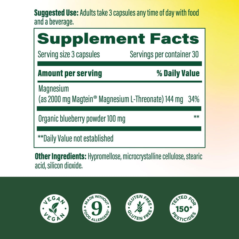MegaFood Magtein Magnesium Threonate – 2000 mg per Serving | Supports Memory, Focus, Alertness & Sleep – Vegan & Gluten Free | 90 Capsules / 30 Servings