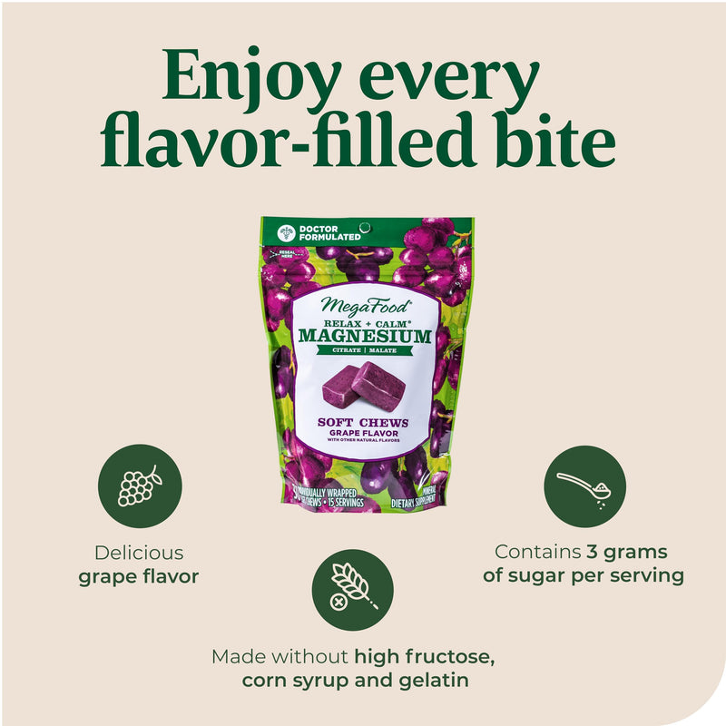 MegaFood Relax + Calm Magnesium Soft Chews – Grape Flavor, 60 Chews (Pack of 2) | Vegetarian, 9 Allergen-Free