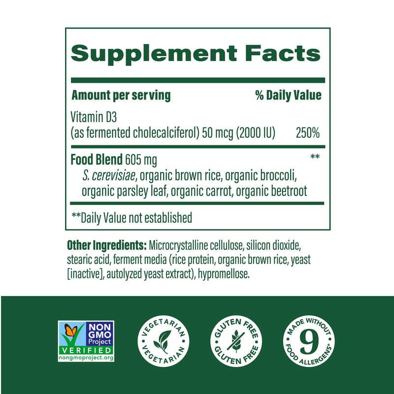 MegaFood Vitamin D3 2000 IU (50 mcg) – Real Food D3, Immune Support, Bones & Muscles, Vegetarian, Kosher, Non-GMO | 60 Tablets