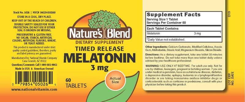 Melatonin Timed Release 3 mg 60 Tabs | Nature's Blend