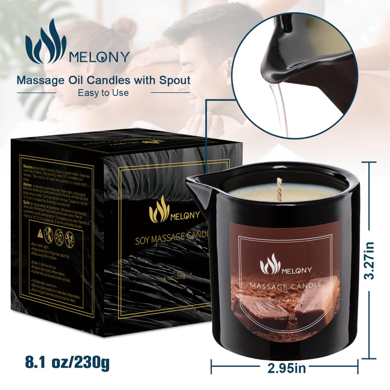 MELONY Massage Oil Candle – Calming, Soothing & Relaxing | Natural Soy Wax 8.1oz (Salty Caramel)