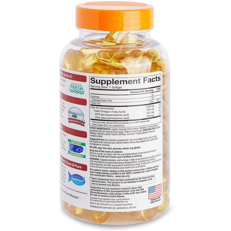 Member's Mark Omega-3 Fish Oil 1400 mg (900 mg EPA/DHA) Enteric Coated, 150 Softgels