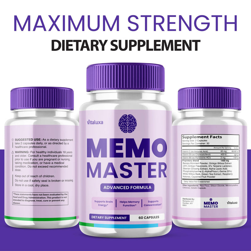 (3 Pack) Memo Master Capsules – Memo Mastery Memory Pills for Focus & Clarity (180 Count)