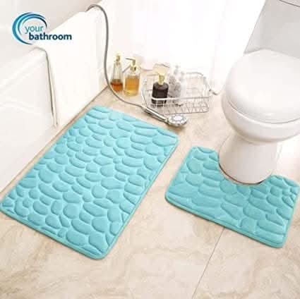 Non-Slip Memory Foam Bathroom Mat Set Soft Absorbent Cyan 2pc