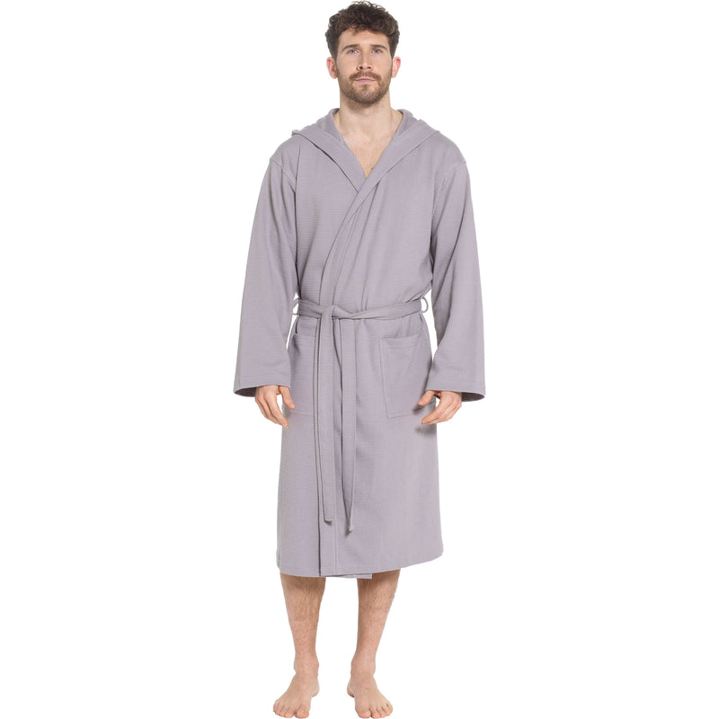 Men’s Hooded Waffle Cotton Bathrobe Grey Super Absorbent Spa Robe Luxury Dressing Gown for Home & Loungewear by Sock Stack