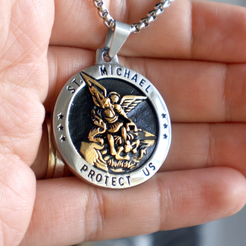 St. Michael Pendant Necklace - Men's Stainless Steel Religious Jewelry, Personalised
