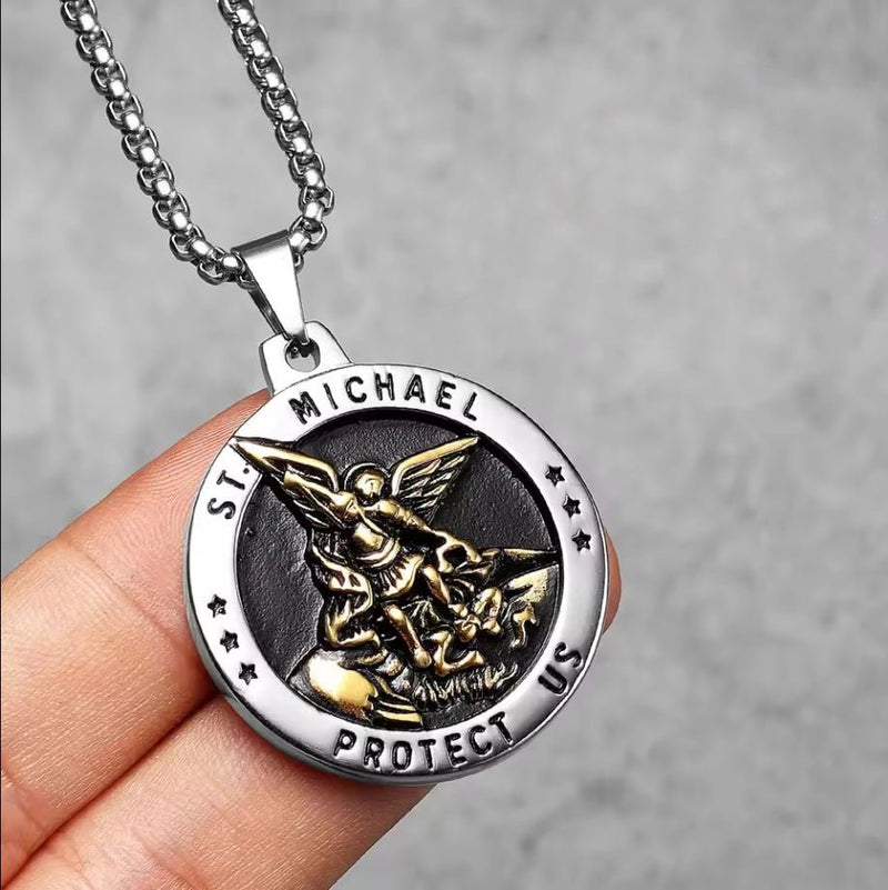 St. Michael Pendant Necklace - Men's Stainless Steel Religious Jewelry, Personalised