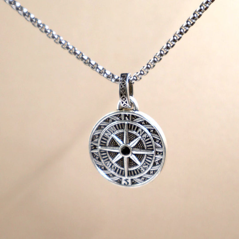 Men's Compass Necklace – Engraved Pendant with Silver Chain | Stylish Travel Jewelry