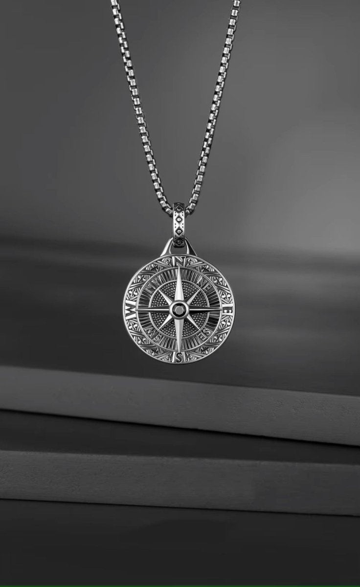 Men's Compass Necklace – Engraved Pendant with Silver Chain | Stylish Travel Jewelry