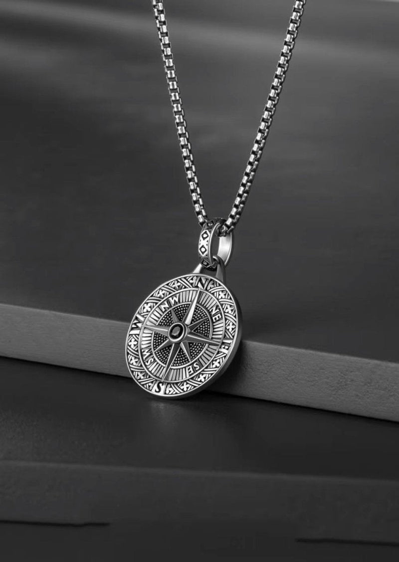 Men's Compass Necklace – Engraved Pendant with Silver Chain | Stylish Travel Jewelry