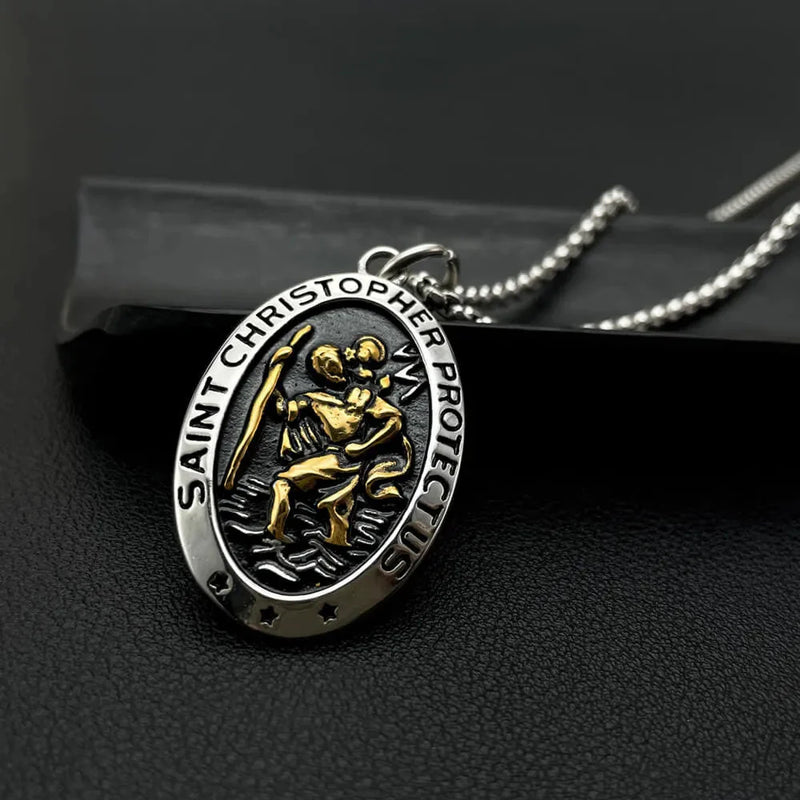 Saint Christopher Necklace - Men's Solid Stainless Steel Chain With Custom Engraved Pendant
