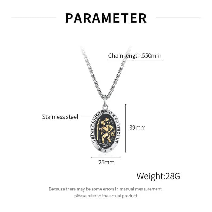 Saint Christopher Necklace - Men's Solid Stainless Steel Chain With Custom Engraved Pendant