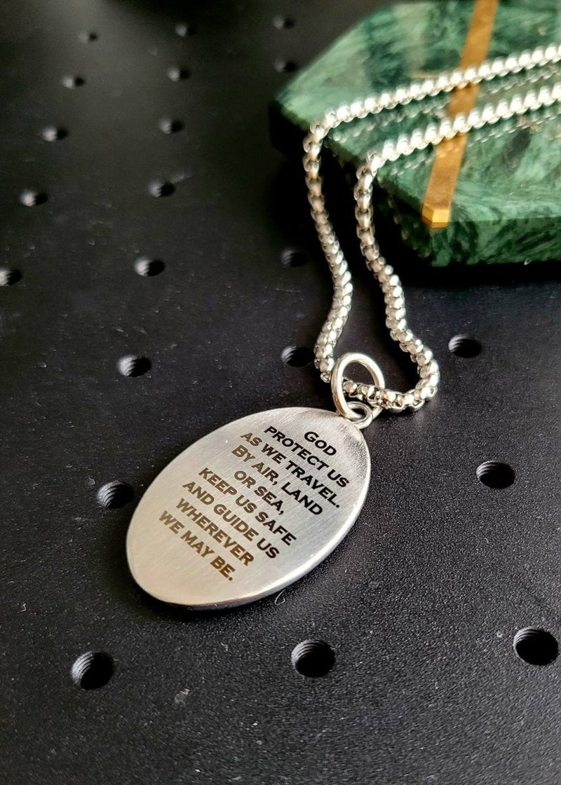Saint Christopher Necklace - Men's Solid Stainless Steel Chain With Custom Engraved Pendant