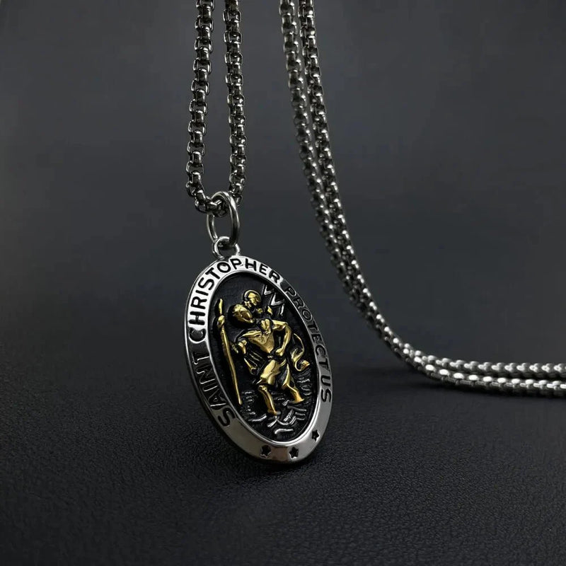Saint Christopher Necklace - Men's Solid Stainless Steel Chain With Custom Engraved Pendant