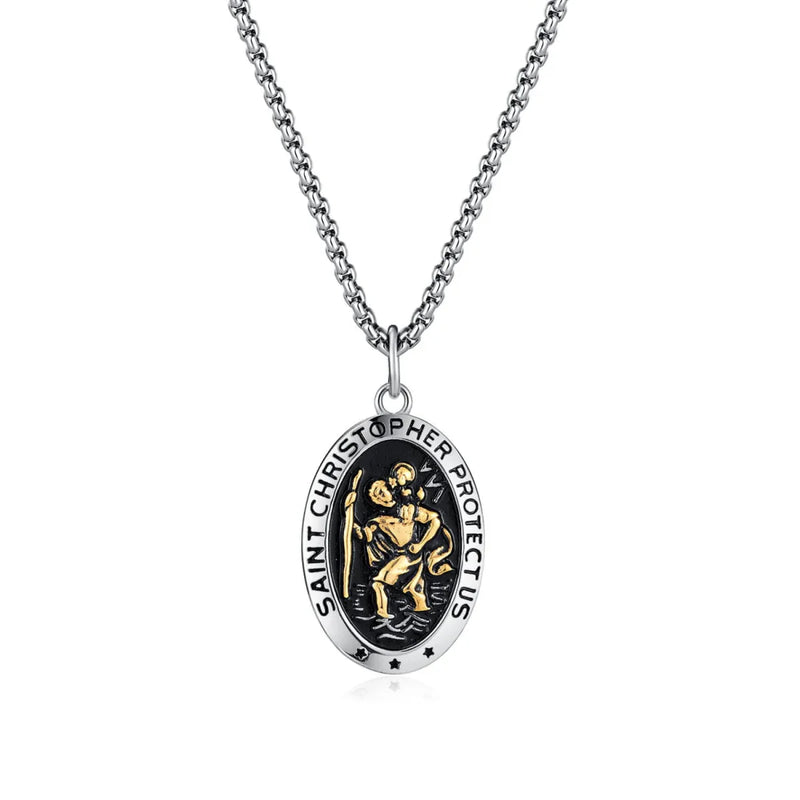 Saint Christopher Necklace - Men's Solid Stainless Steel Chain With Custom Engraved Pendant