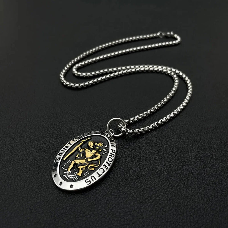 Saint Christopher Necklace - Men's Solid Stainless Steel Chain With Custom Engraved Pendant