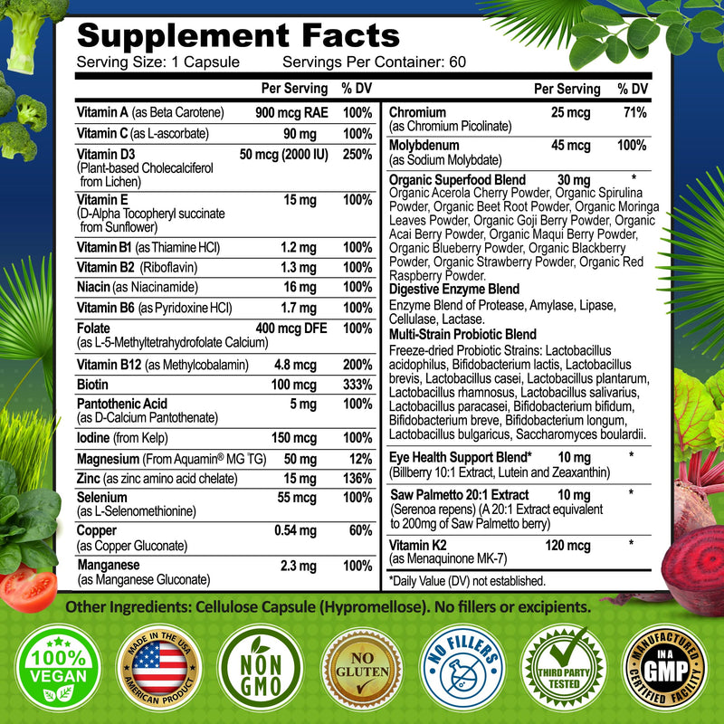 Men's Daily Multivitamin 50+ - Vegan Methylated Multivitamin for Men 50+
