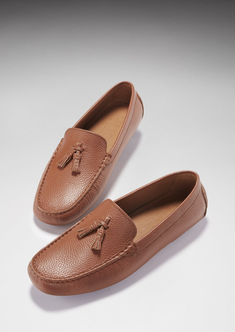 Tasselled Driving Loafers, tan grain leather