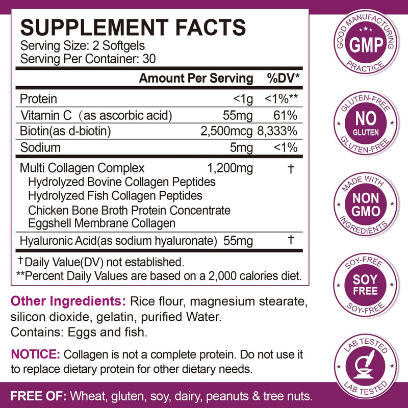 MENXI Multi Collagen Peptides Softgel – Types I–X with Biotin, Vitamin C & Hyaluronic Acid
