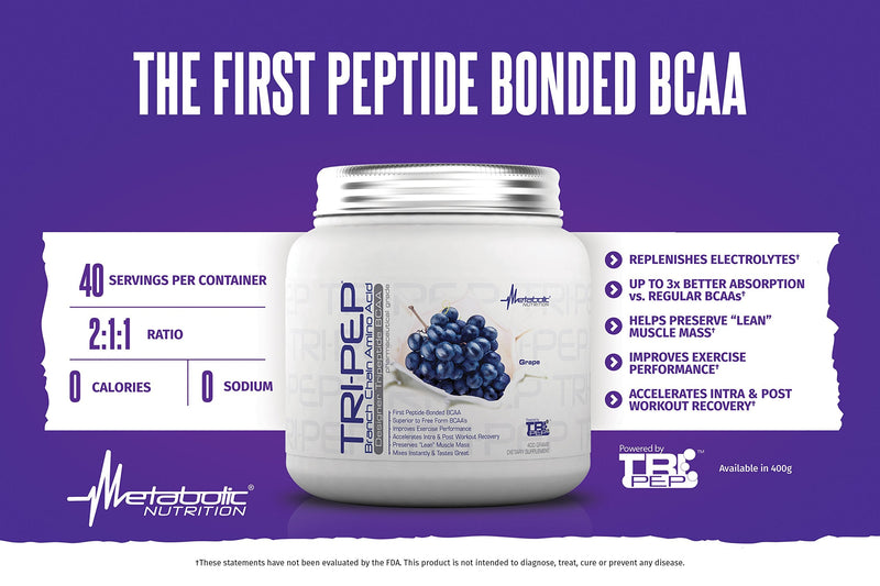 Metabolic Nutrition TRI-PEP Tri-Peptide BCAA Powder – Green Apple, 400 g (40 Servings)