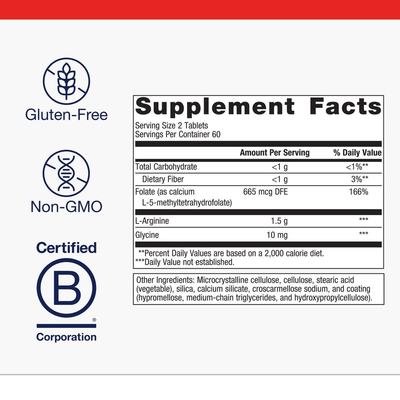 Metagenics Arginine Plus - 1.5 g L‑Arginine with Methyl Folate (L‑5‑MTHF) - Supports Healthy Blood Flow, Circulation & Heart Health - Non‑GMO, Gluten‑Free, Vegetarian - 120 Tablets