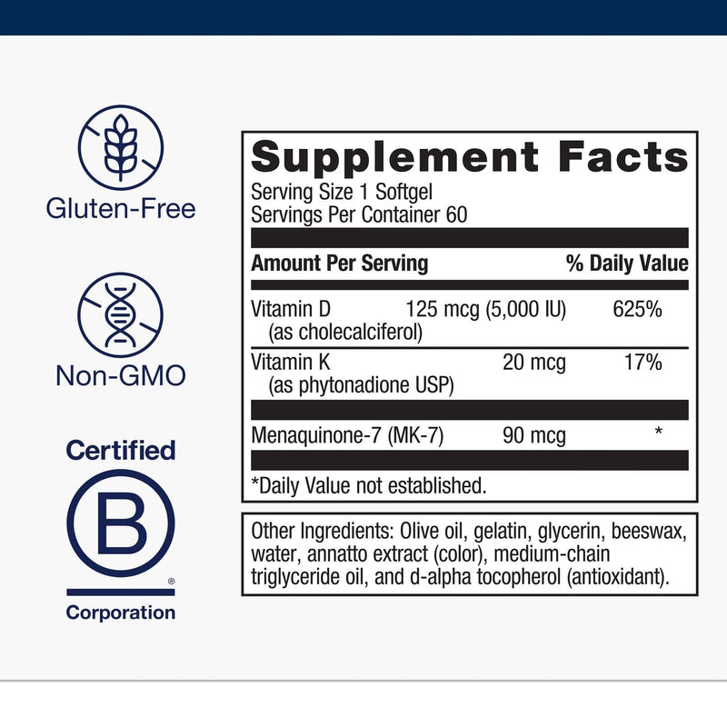 Metagenics Vitamin D3 + K (MK-7) – Immune, Artery, Bone & Heart Health | 5,000 IU, 60 Softgels