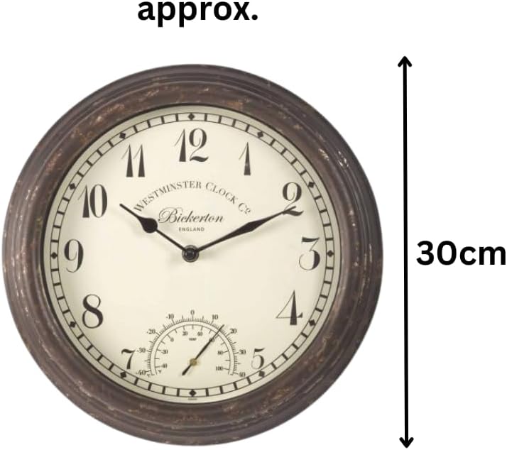 30cm Vintage Wall Clock with Thermometer Weatherproof Metal