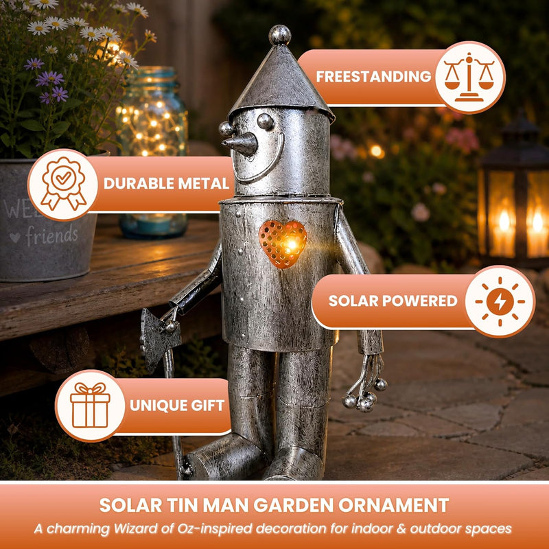 Solar Tin Man Garden Ornament with Light Up Heart Metal Statue 30cm