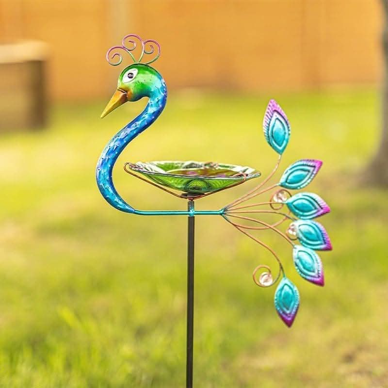 Metal Peacock Garden Bird Bath & Feeder with Ground Stake 80cm