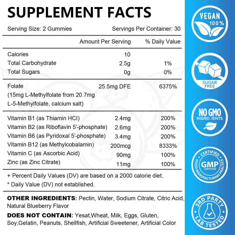 L-Methylfolate 15mg Gummies with Methyl B12 – 60 Count | Sugar Free, Vegan, Non-GMO Folate 5-MTHF