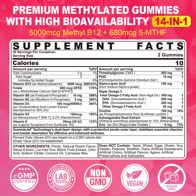 Methyl B12 5000mcg & L-Methylfolate Gummies – Energy, Cognition, Methylation (60 ct)
