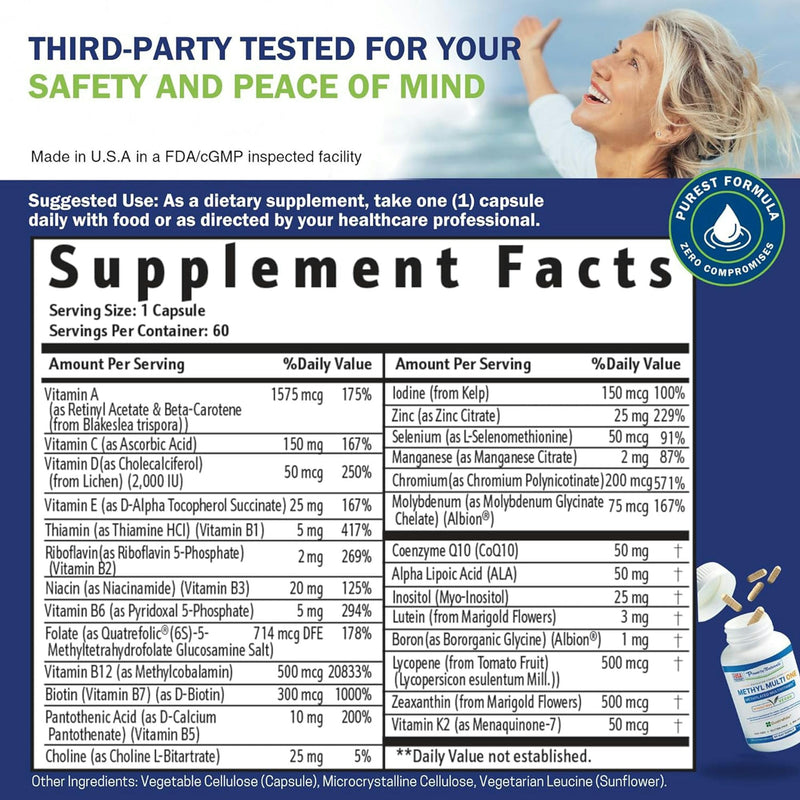 Power By Naturals Methyl Multi One – Iron-Free Methylated Multivitamin for Energy & MTHFR Support (60 capsules, 2-pack)