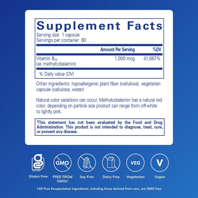 Pure Encapsulations Methylcobalamin 1,000 mcg – Vitamin B12 for Memory & Nerve Health – 60 Capsules