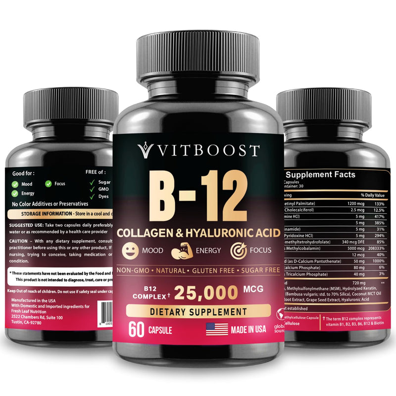 B12 25,000 mcg Complex with Hyaluronic Acid, Collagen & Folate – 60 Caps | USA Made