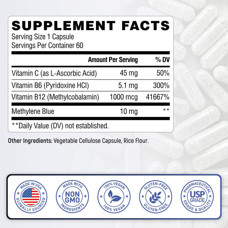 Methylene Blue Pharmaceutical Grade 10 mg - 60 Capsules | Made in USA - 2 Month Supply