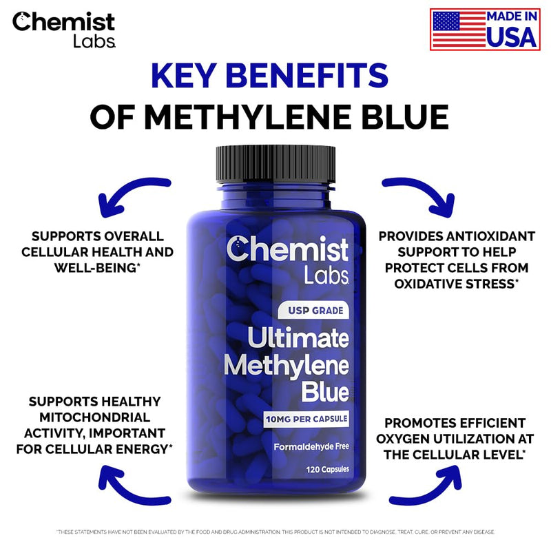 Chemist Labs Methylene Blue Capsules – USP Grade 99% Purity, Made in USA (120 Count)
