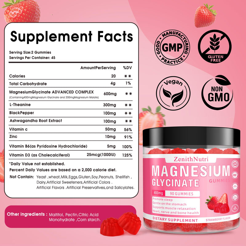 Magnesium Glycinate Gummies 400 mg with Ashwagandha – Sleep & Calm – 90 Count