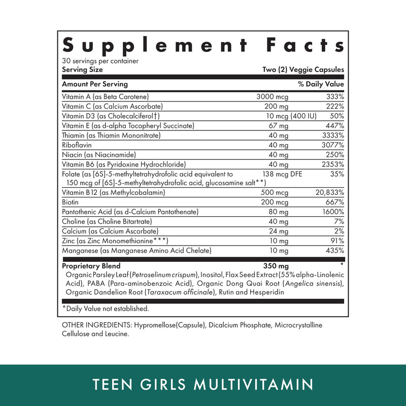 Michael's Health Naturopathic Teen Girls Multivitamin - Vegetarian, Kosher, 60 Capsules | 30 Servings