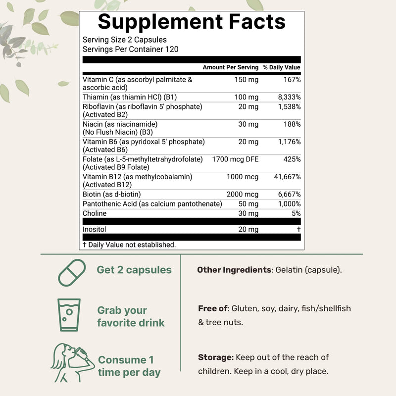 Micro Ingredients 2 Pack Pure Methylated B Complex, 480 Capsules | 11-in-1 Vitamin B Formula + Vitamin C | Non-GMO