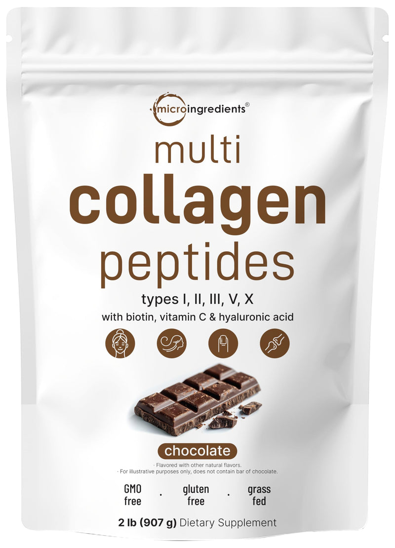 Micro Ingredients Multi Collagen Peptides Powder, 2lb | Type I, II, III, V, X + Biotin, Vitamin C & Hyaluronic Acid | Chocolate Flavor | Keto, Non-GMO