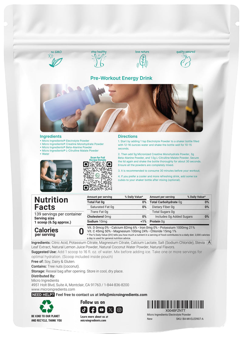 Micro Ingredients Electrolyte Powder, 2 lbs (139 Servings) – Lemon Raspberry Flavor | 1,000mg Potassium | No Sugar | Keto | Non-GMO
