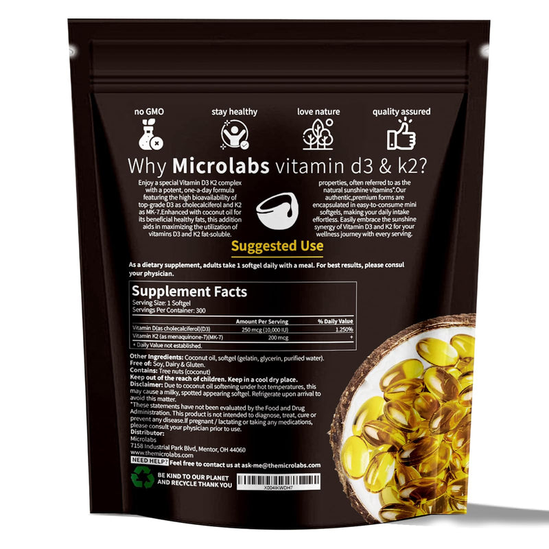 MicroLabs D3 K2 Softgels – 10000 IU D3 + 200 mcg K2, 2-in-1 Vitamin D3 K2, 300 Softgels/Pack