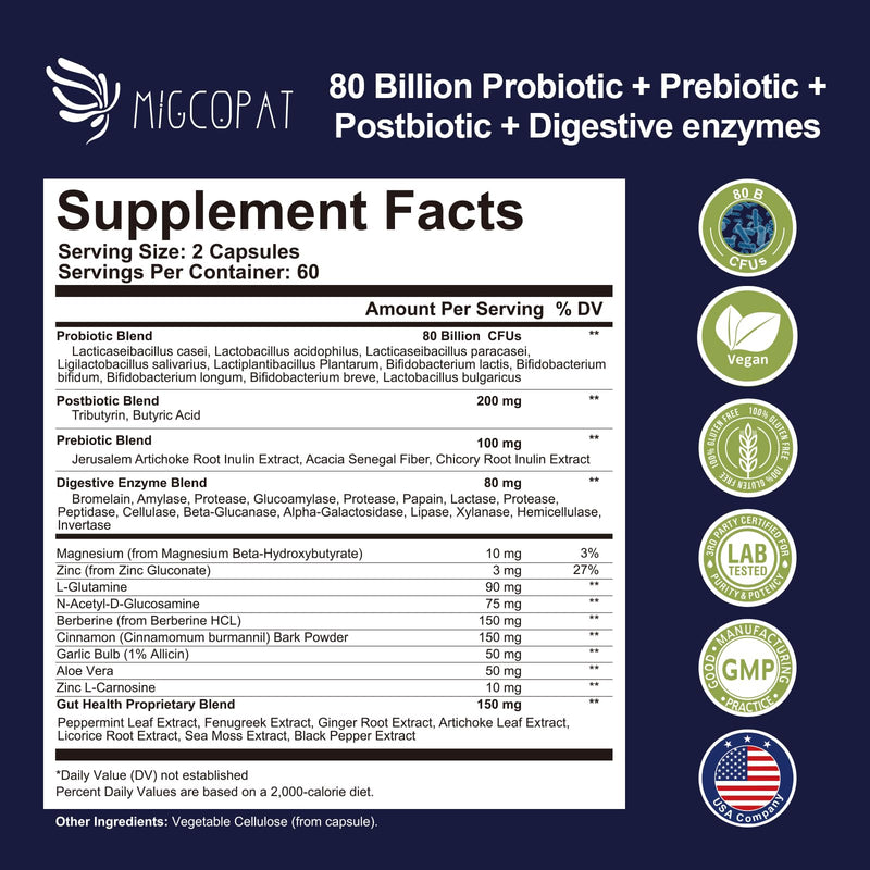 Migcopat Probiotic Prebiotic Postbiotic & Digestive Enzymes – 80B CFU, 120 Capsules