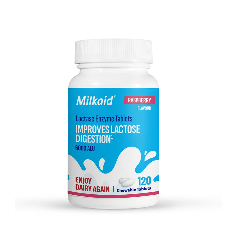 Milkaid Lactase Chewables – Lactose Intolerance Relief | Fast Acting Dairy Digestive Supplement (120 Tablets, Raspberry)