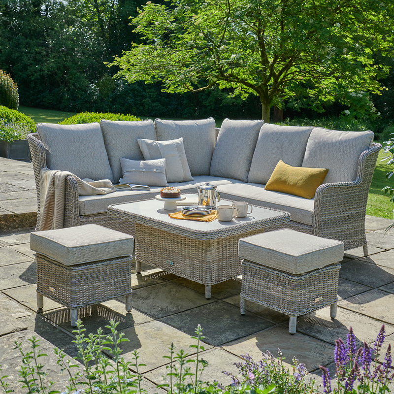 Vienna Beige Mini Corner Wicker Garden Sofa Set with Adjustable Table & Stools
